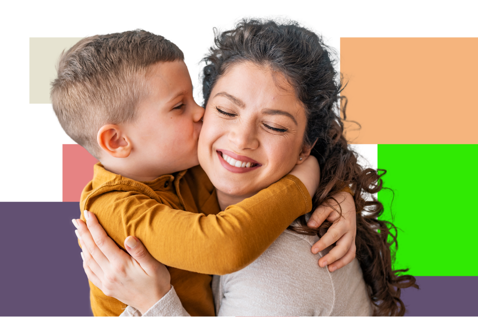 Child kissing his mother because they are happy and healthy
