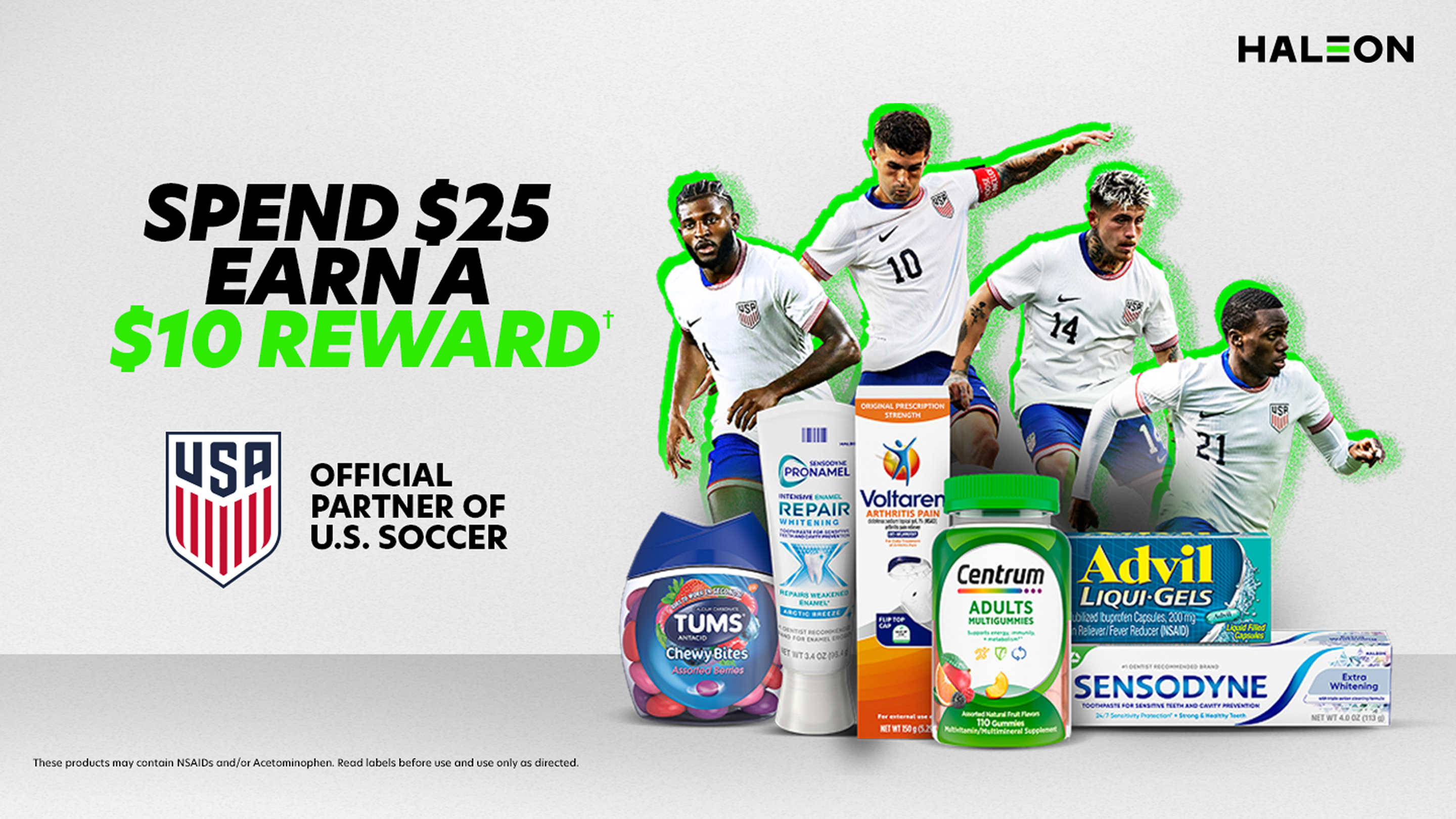 Four United States men's soccer players in the background, with various Haleon product packages in front. Text overlay reads 'Spend $25 earn a $10 reward. Official Partner of U.S. Soccer.'