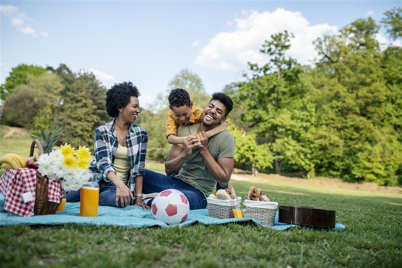 A family of three playfully enjoying an outdoor
picnic