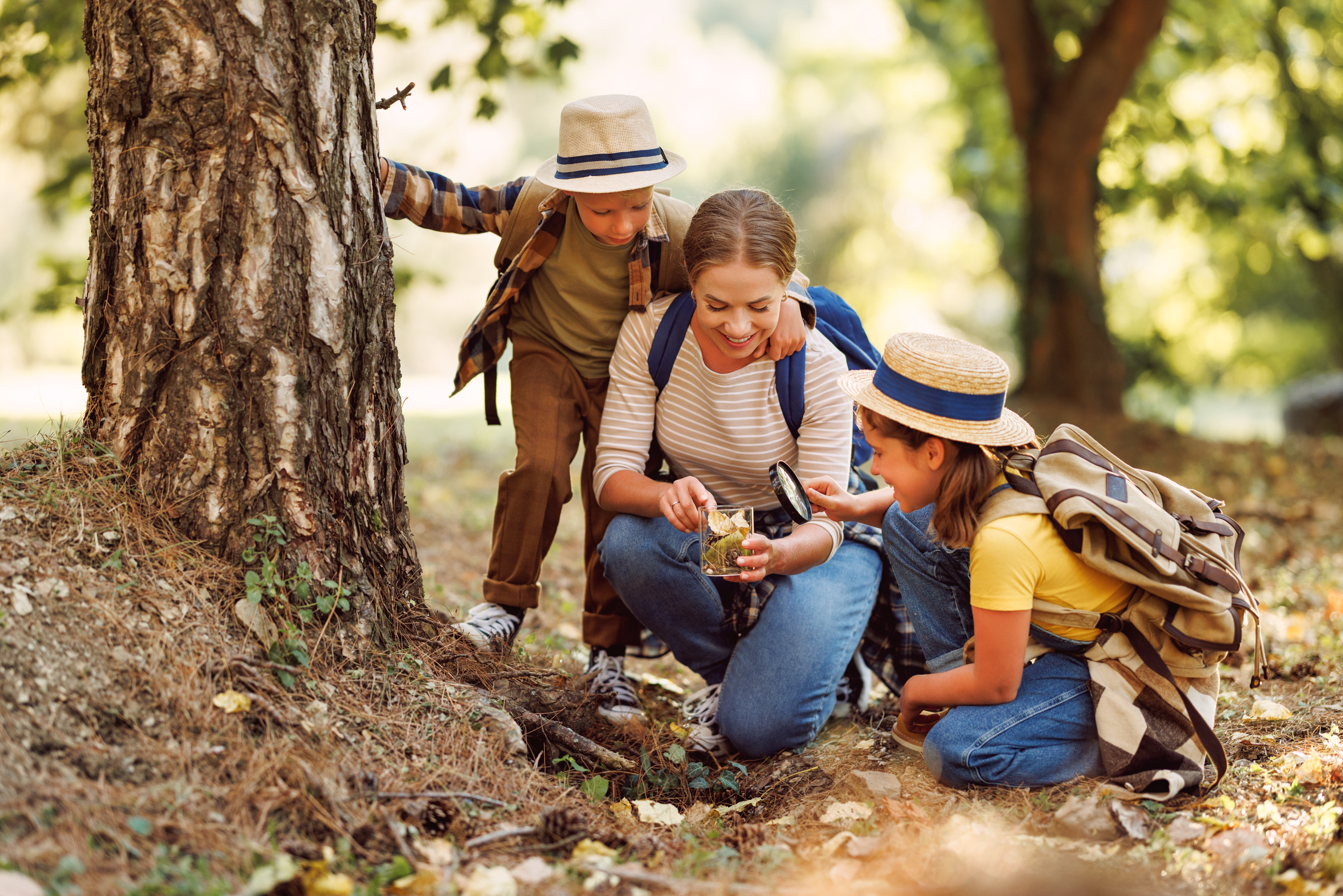 Family examining forest environment with magnifying
glass.